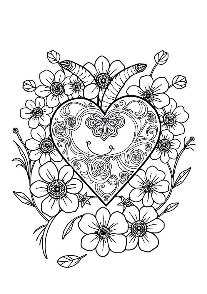Desenho de Coração com Flores para colorir