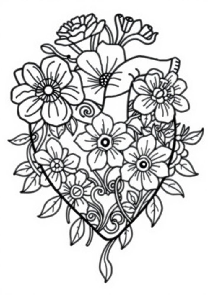 Desenho de Coração com Flores para colorir