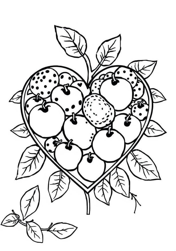Desenho de Coração com Frutas para colorir