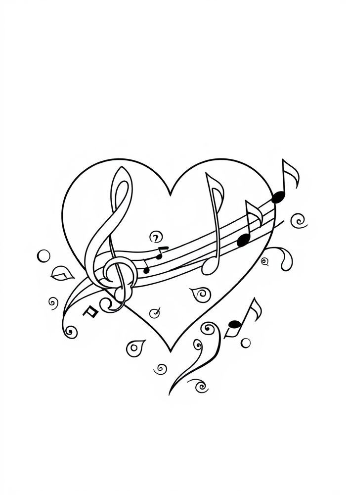 Desenho de Coração com Notas Musicais para colorir