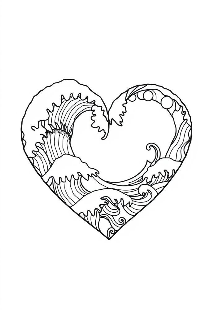 Desenho de Coração com Onda de Oceanos para colorir