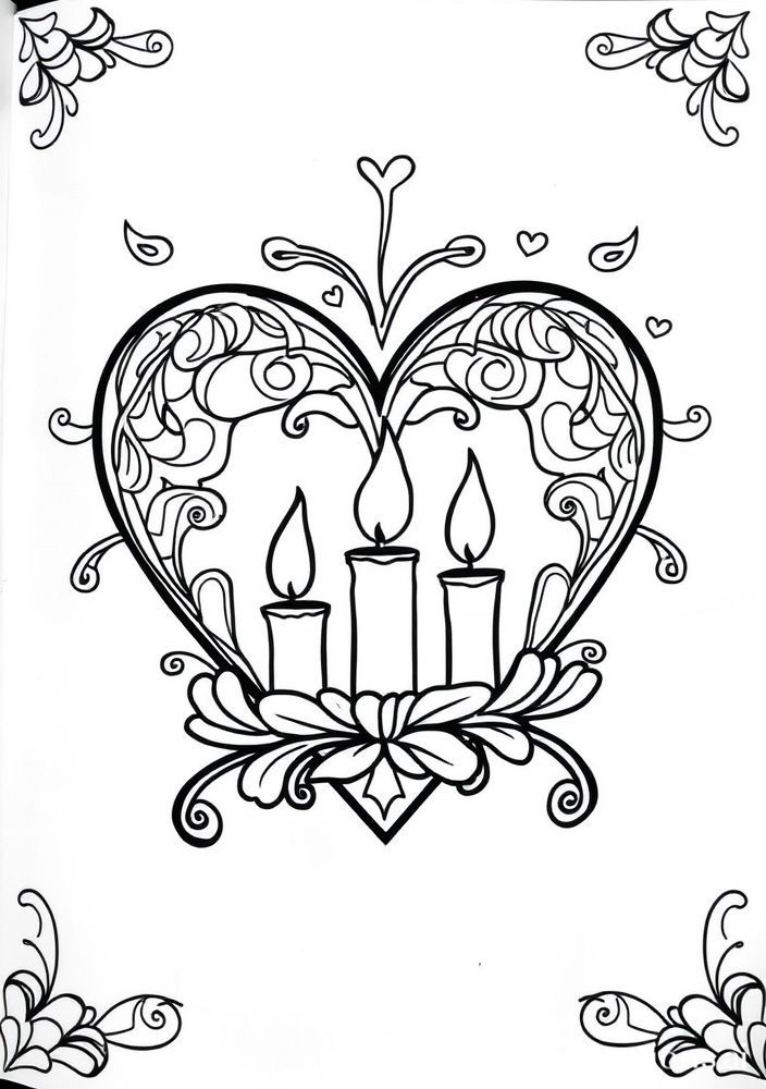Desenho de Coração com Velas e Fogo para colorir