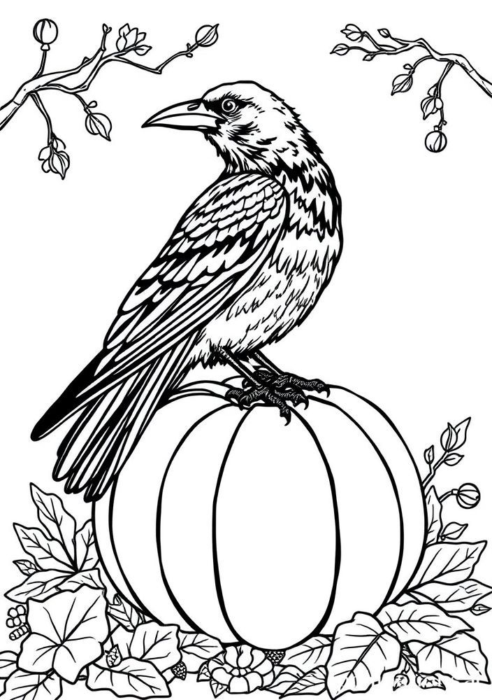 Desenho de Corvo na Abóbora para Colorir