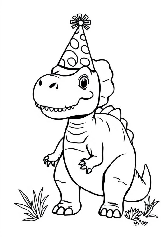 Desenho de Dino com um chapéu de festa para colorir