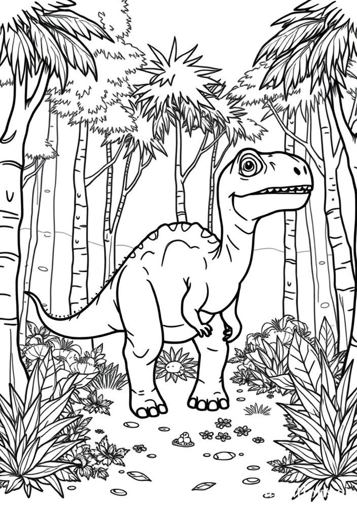 Desenho de Dinossauro caminhando na floresta para colorir