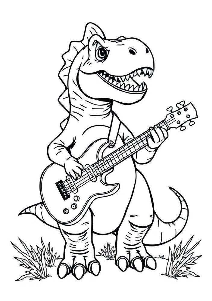 Desenho de Dinossauro com uma guitarra para colorir