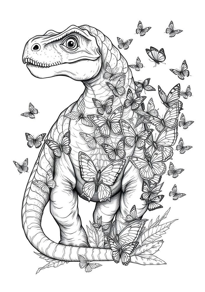 Desenho de Dinossauro e Borboletas