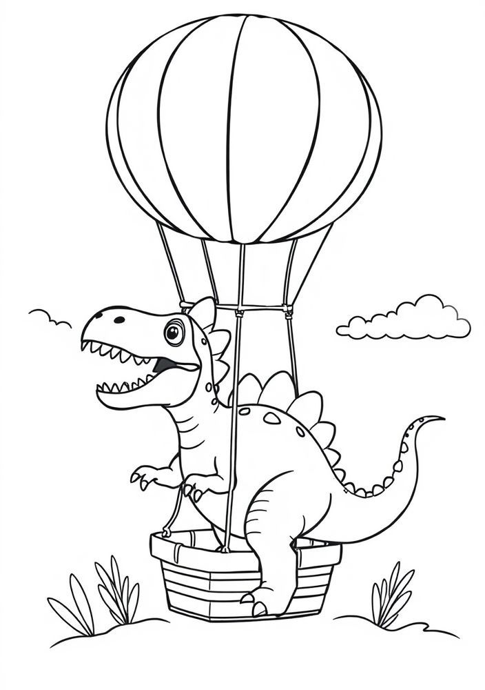 Desenho de Dinossauro em um balão de ar quente para colorir