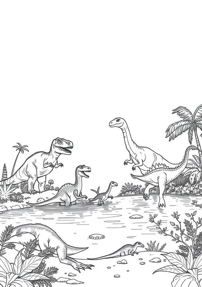 Desenho de Dinossauros Brincando no Lago