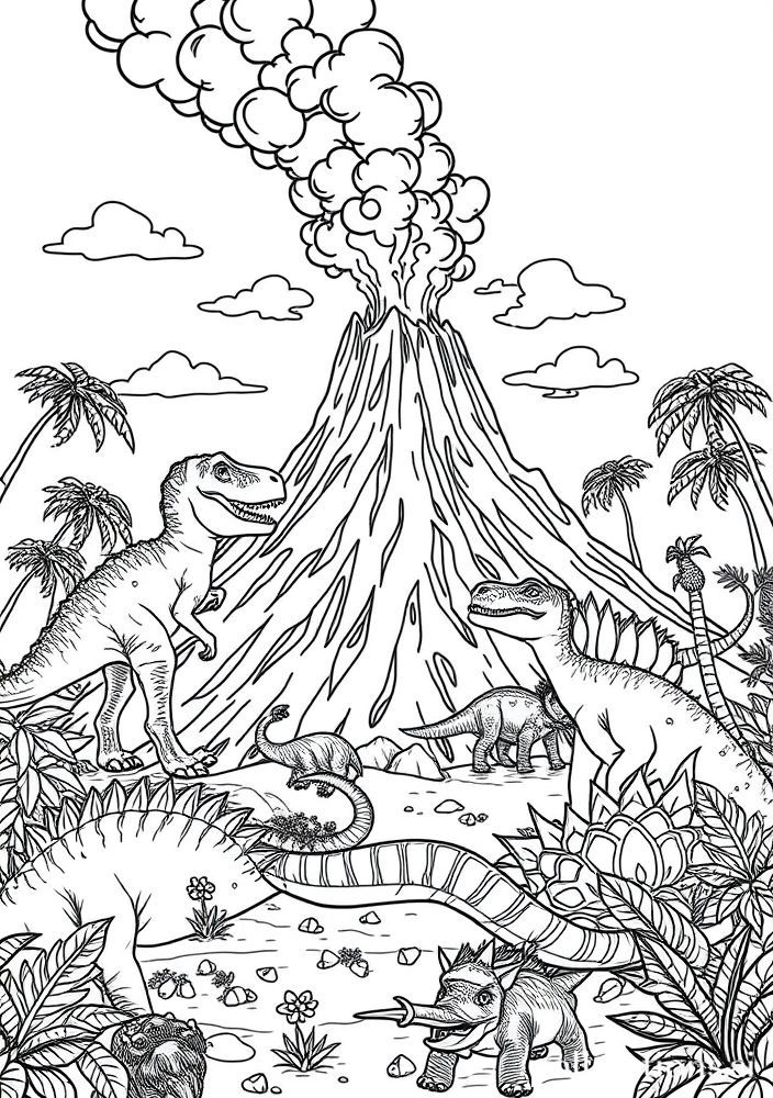 Desenho de Dinossauros ao Redor de um Vulcão