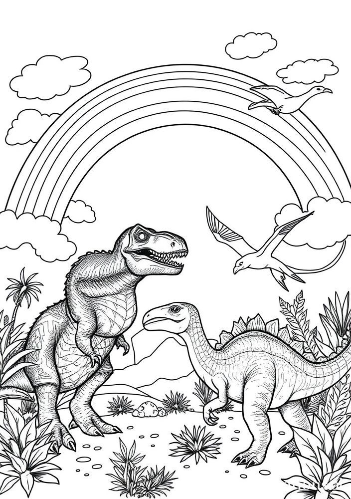 Desenho de Dinossauros e Arco-íris