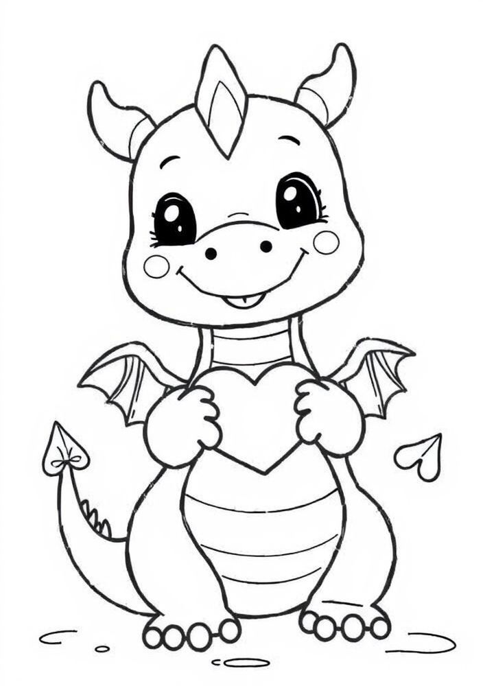 Desenho de Dragão Fofo com Coração para Colorir