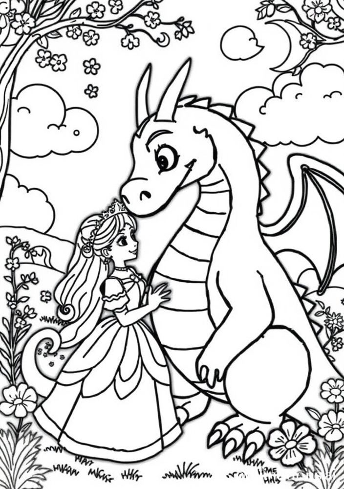 Desenho de Dragão e Princesa para colorir