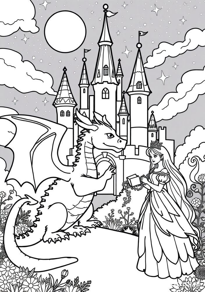 Desenho de Dragão e Princesa para colorir