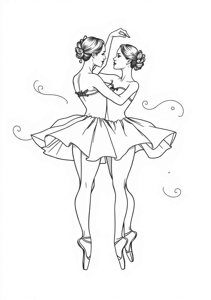 Desenho de Duas Bailarinas em Dueto para Colorir