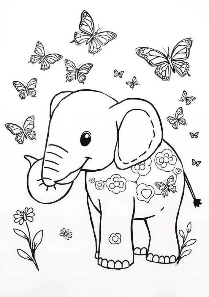 Desenho de Elefante com Borboletas para colorir