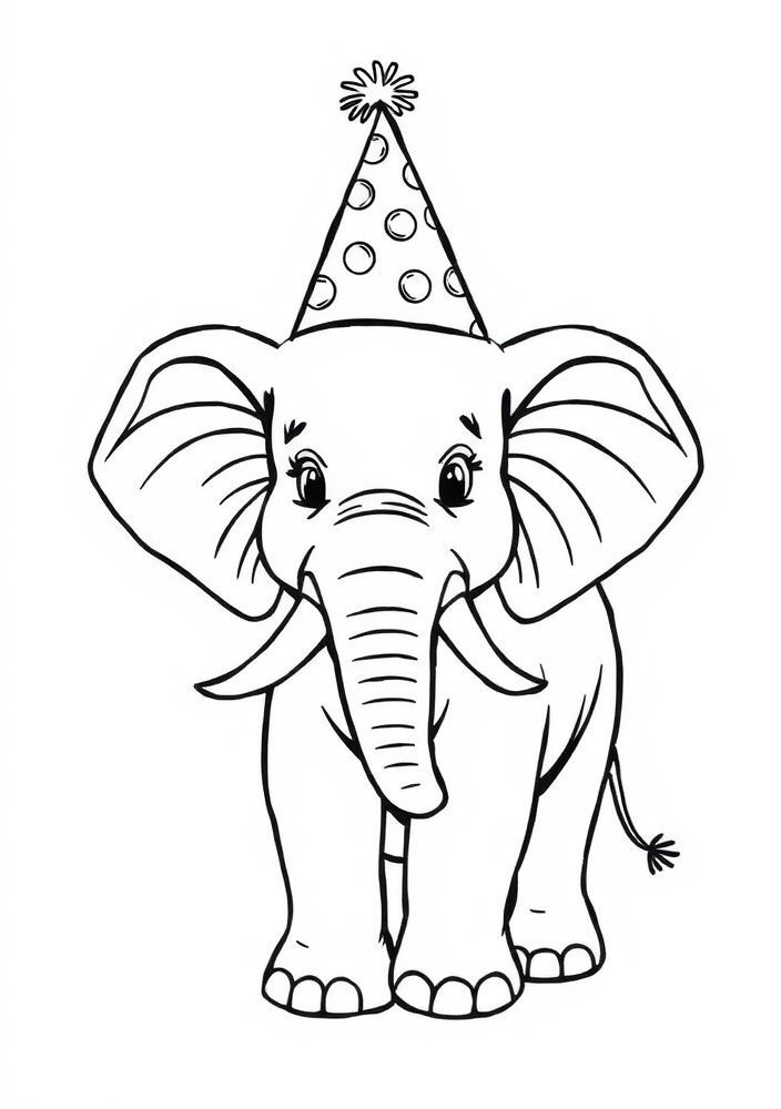 Desenho de Elefante com Chapéu de Festa para colorir