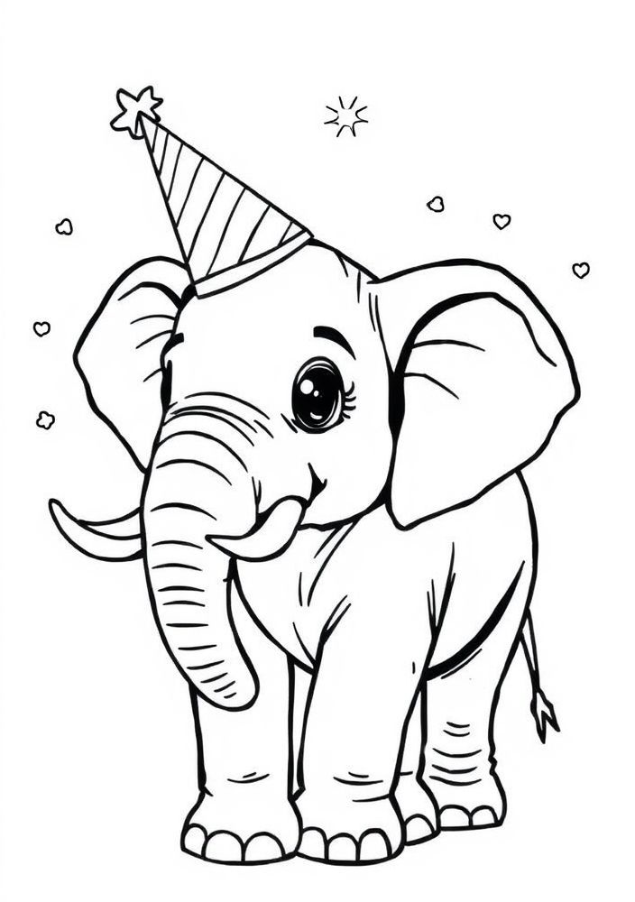 Desenho de Elefante com chapéu de festa para colorir