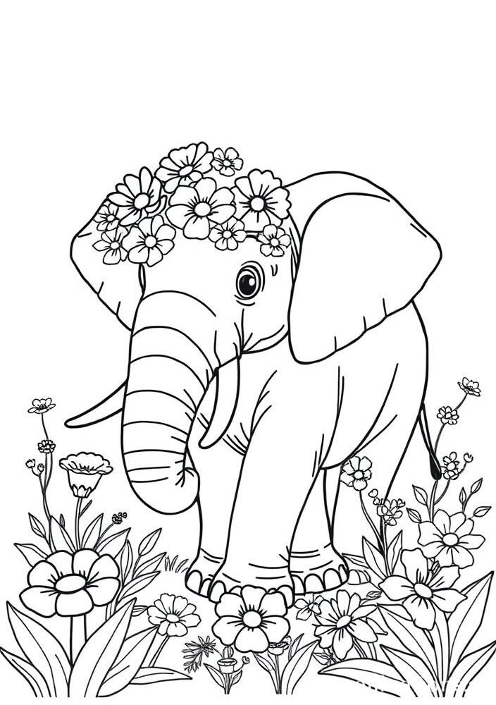 Desenho de Elefante com flores para colorir