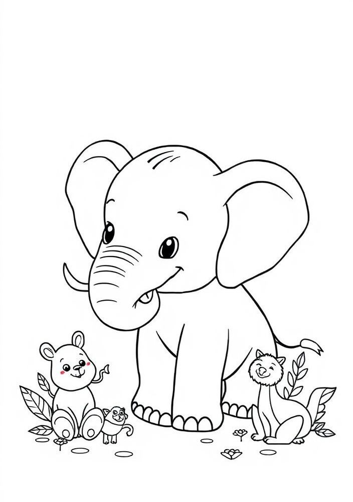 Desenho de Elefante com outras crianças animais para colorir