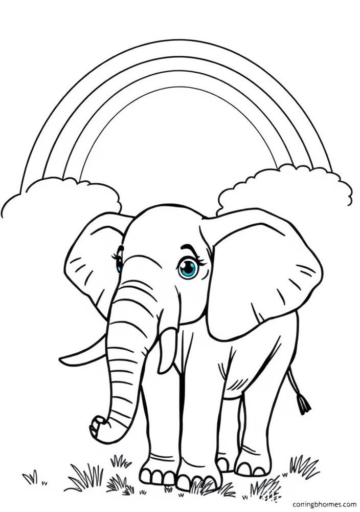 Desenho de Elefante e arco-íris para colorir