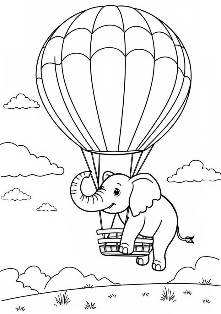 Desenho de Elefante em um balão de ar quente para colorir