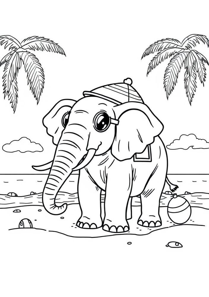 Desenho de Elefante na praia para colorir