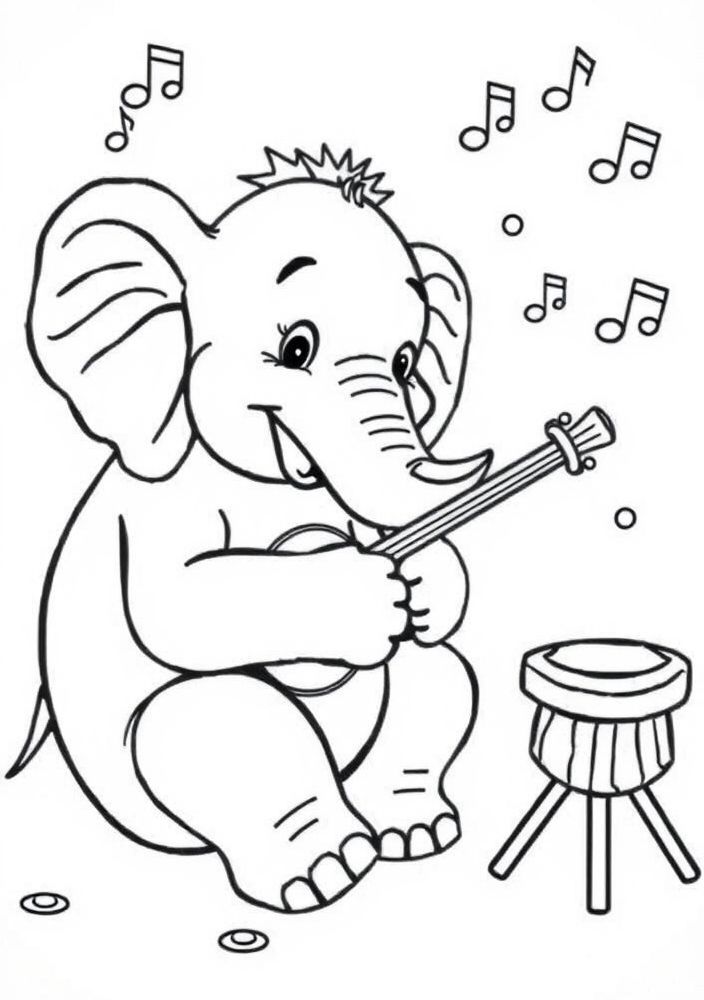 Desenho de Elefante tocando instrumento musical para colorir