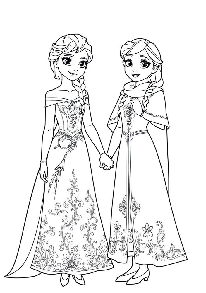 Desenho de Elsa e Anna de mãos dadas para colorir