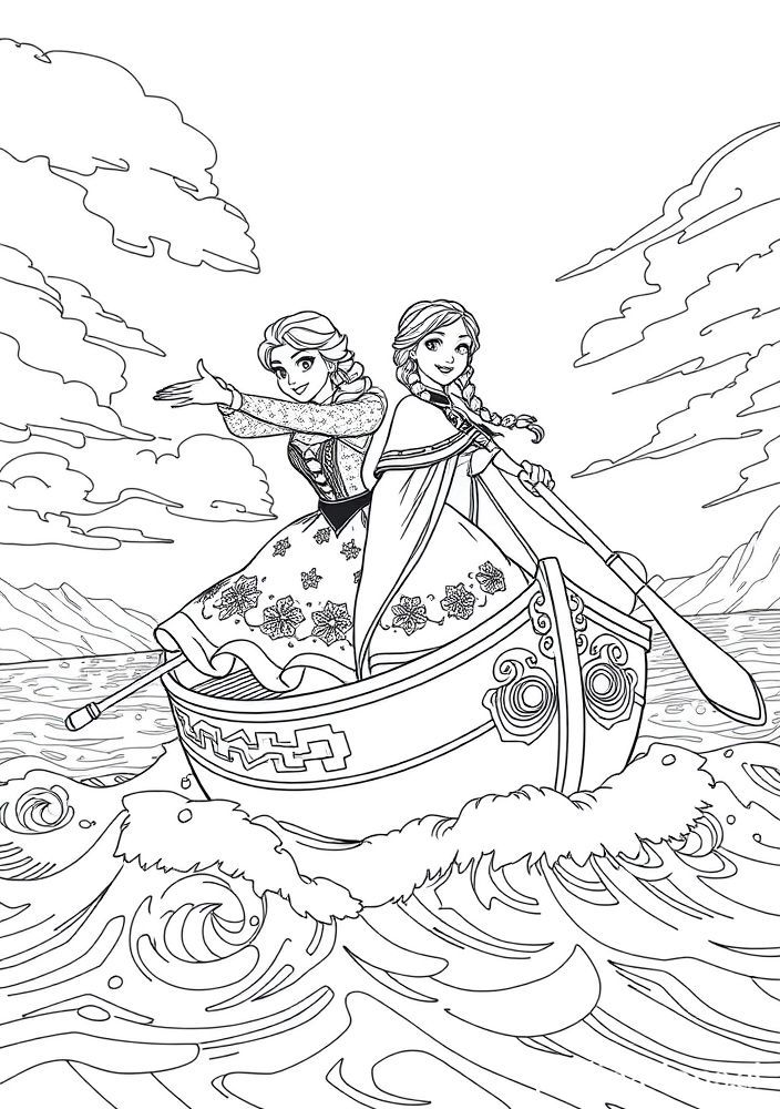 Desenho de Elsa e Anna em um barco para colorir
