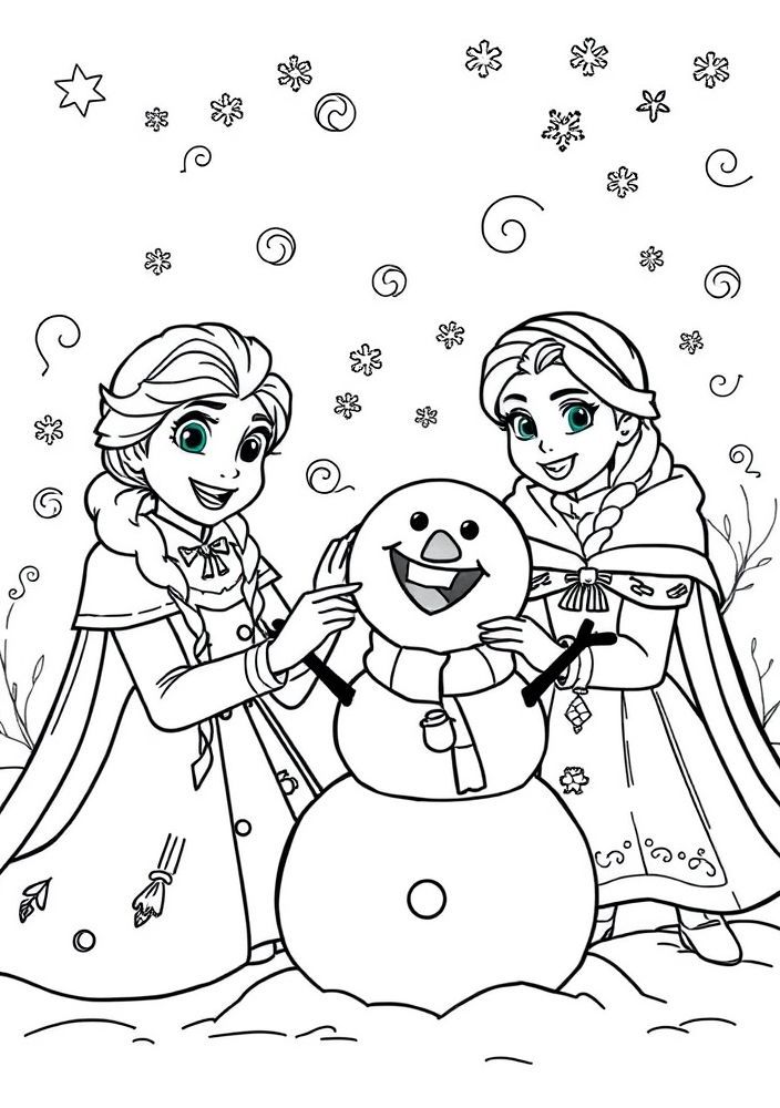 Desenho de Elsa e Anna fazendo um boneco de neve juntas para colorir
