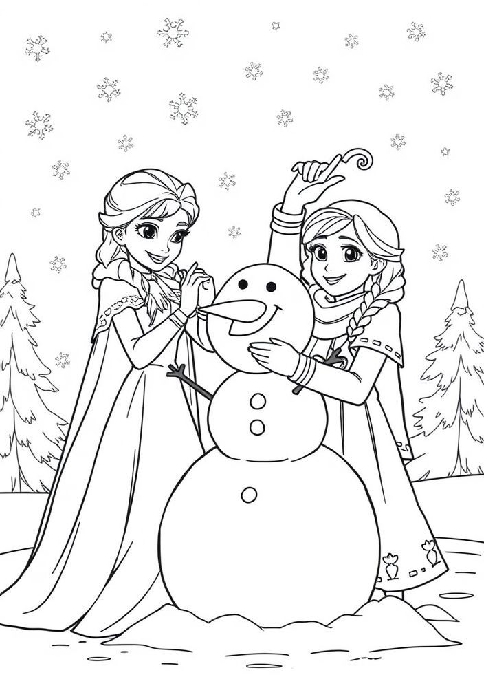 Desenho de Elsa e Anna fazendo um boneco de neve juntas para colorir