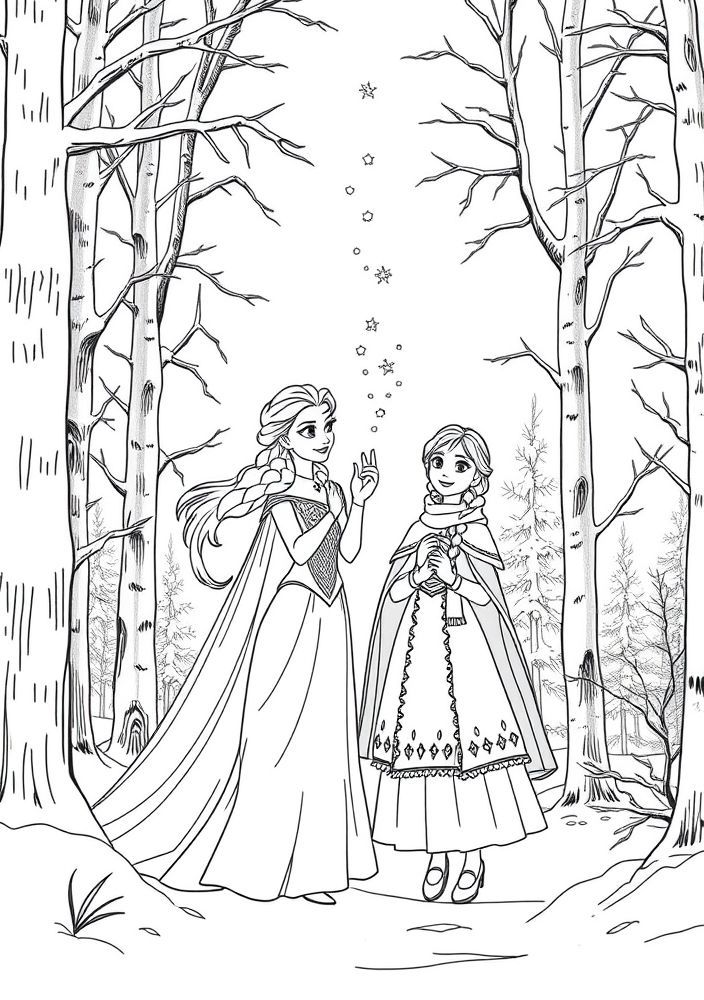 Desenho de Elsa e Anna na floresta de inverno para colorir