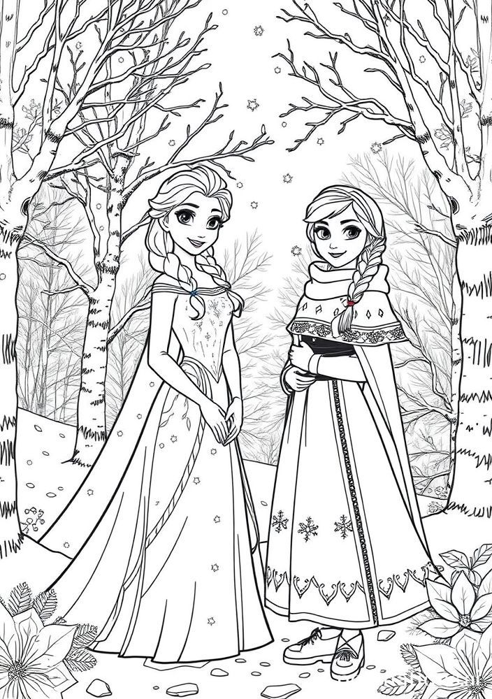 Desenho de Elsa e Anna na floresta de inverno para colorir