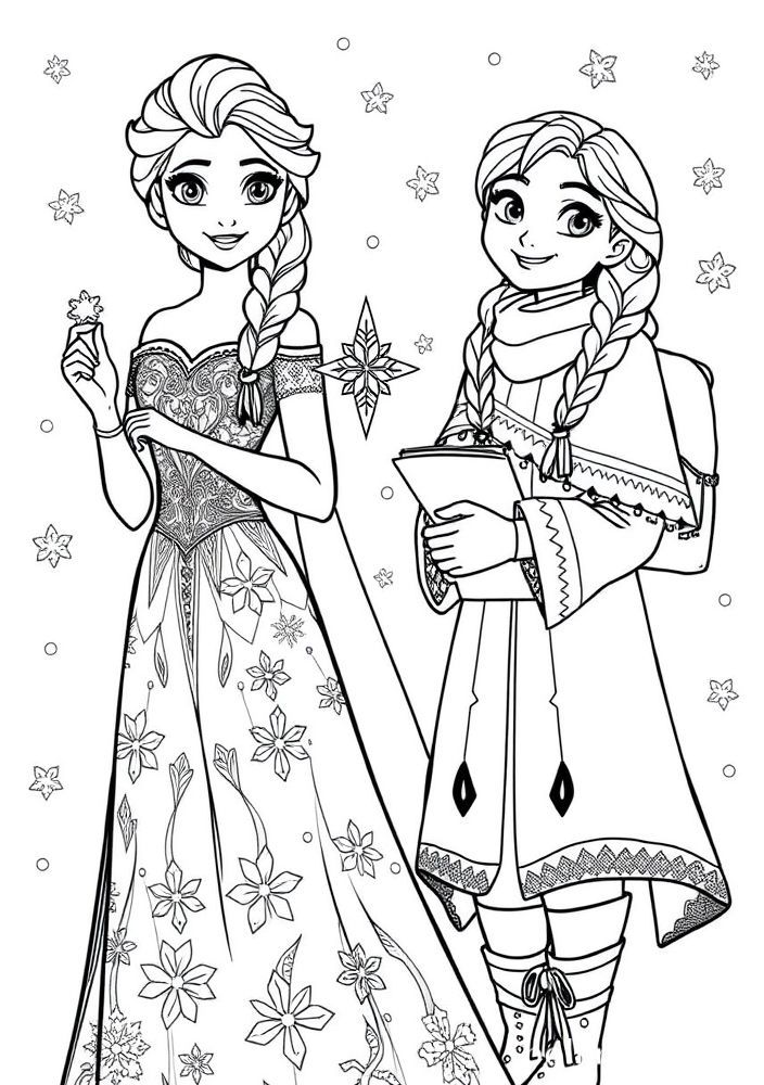 Desenho de Elsa e Anna se preparando para uma aventura para colorir