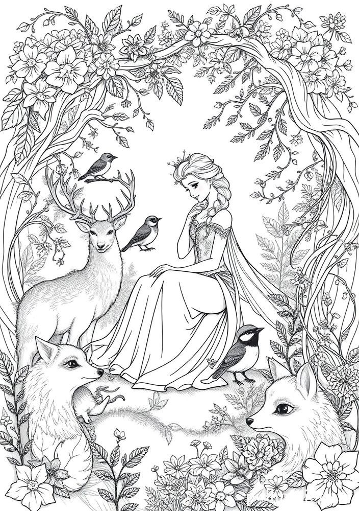Desenho de Elsa e uma conversa animada com animais da floresta para colorir