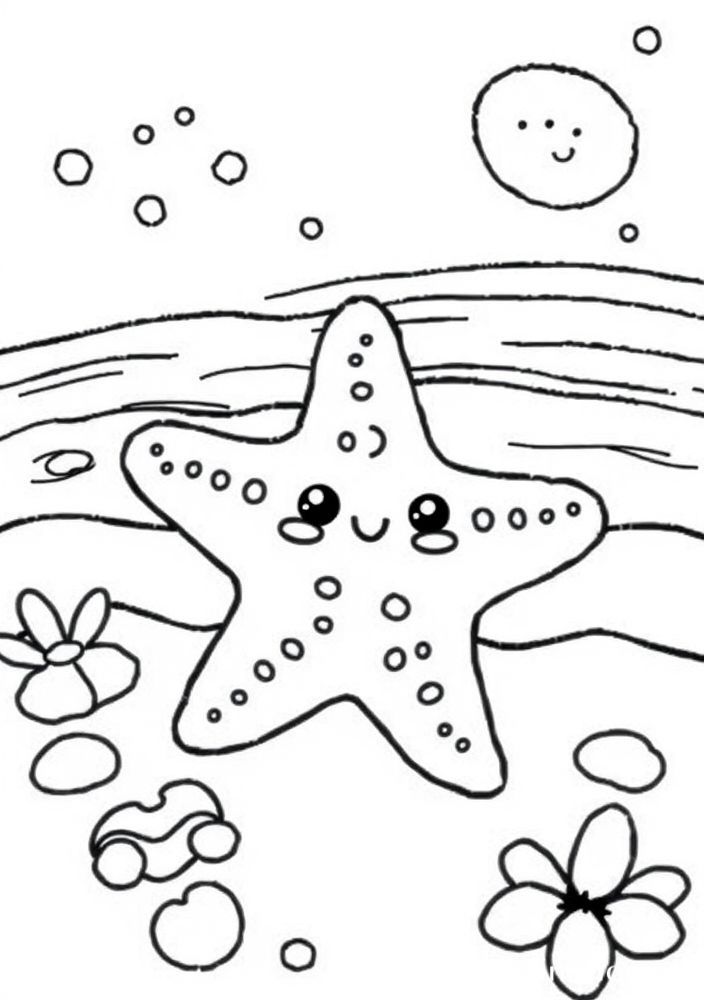 Desenho de Estrela do Mar Kawaii na Praia para colorir