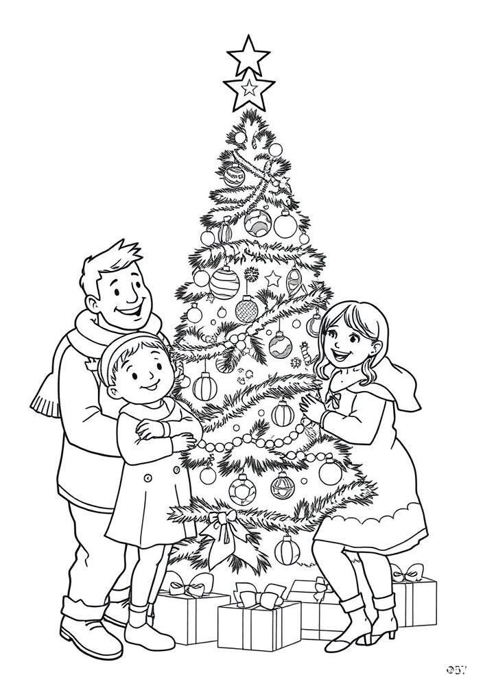 Desenho de Família Natalina reunida para colorir