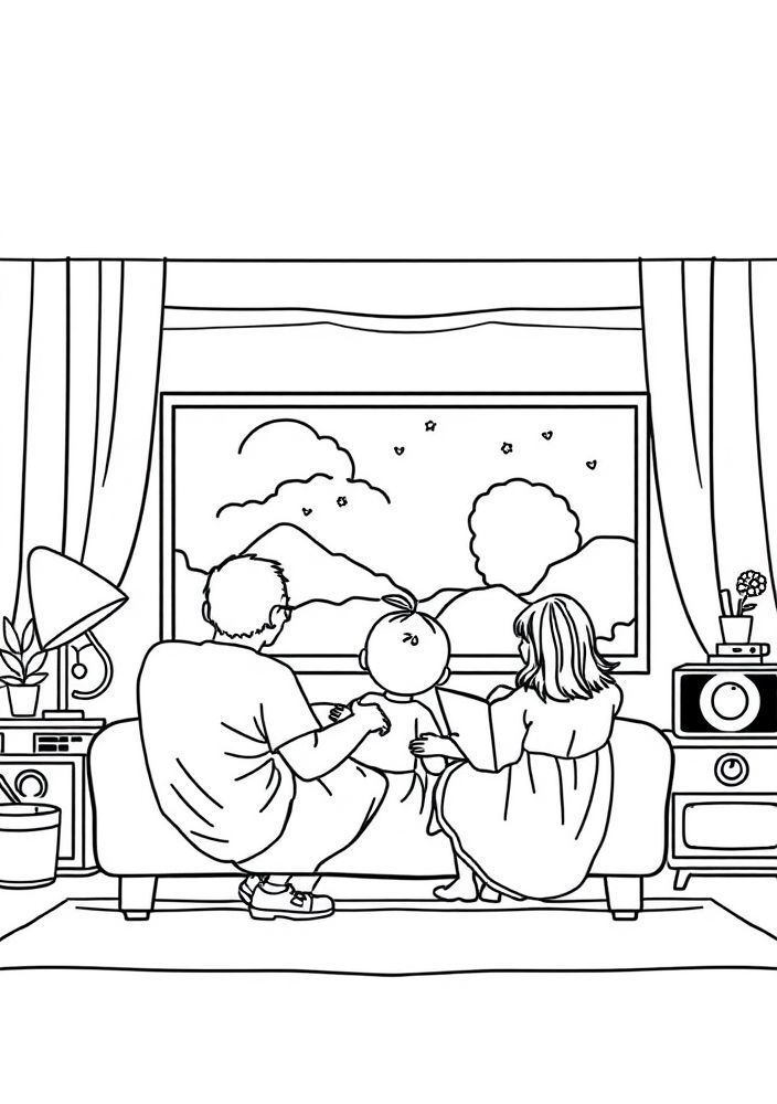 Desenho de Família assistindo TV para colorir