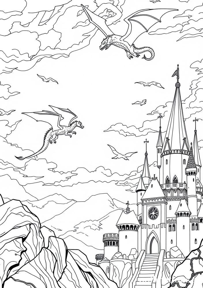Desenho de Fantasia com Dragões e Castelos para colorir
