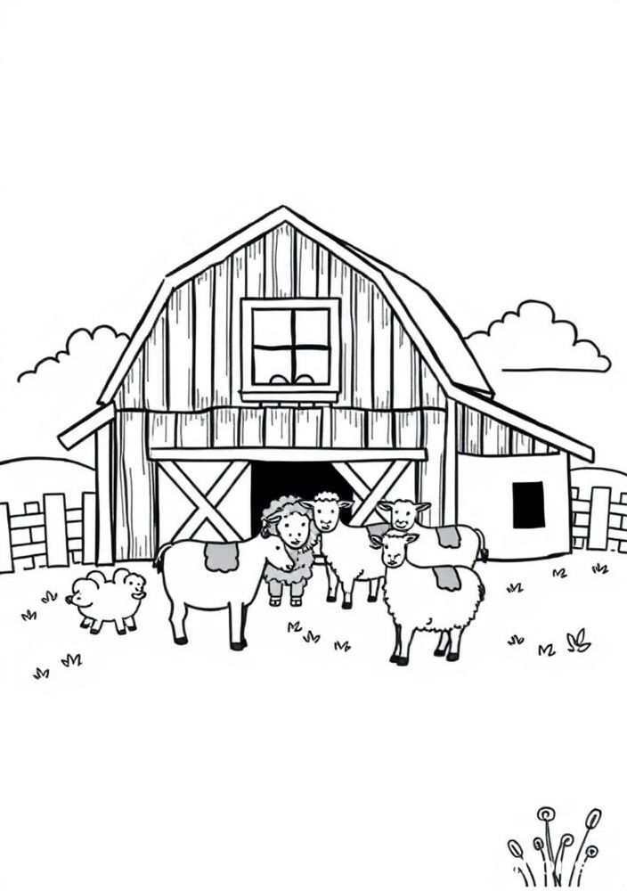 Desenho de Fazenda com Celeiro e Animais para Colorir