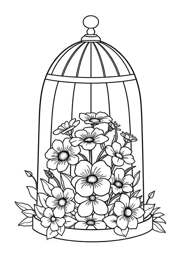 Desenho de Flores em Redoma para Colorir