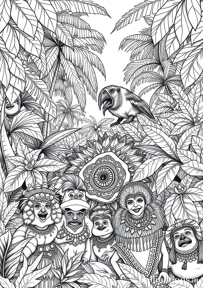 Desenho de Floresta Tropical com Fantasias de Carnaval para colorir