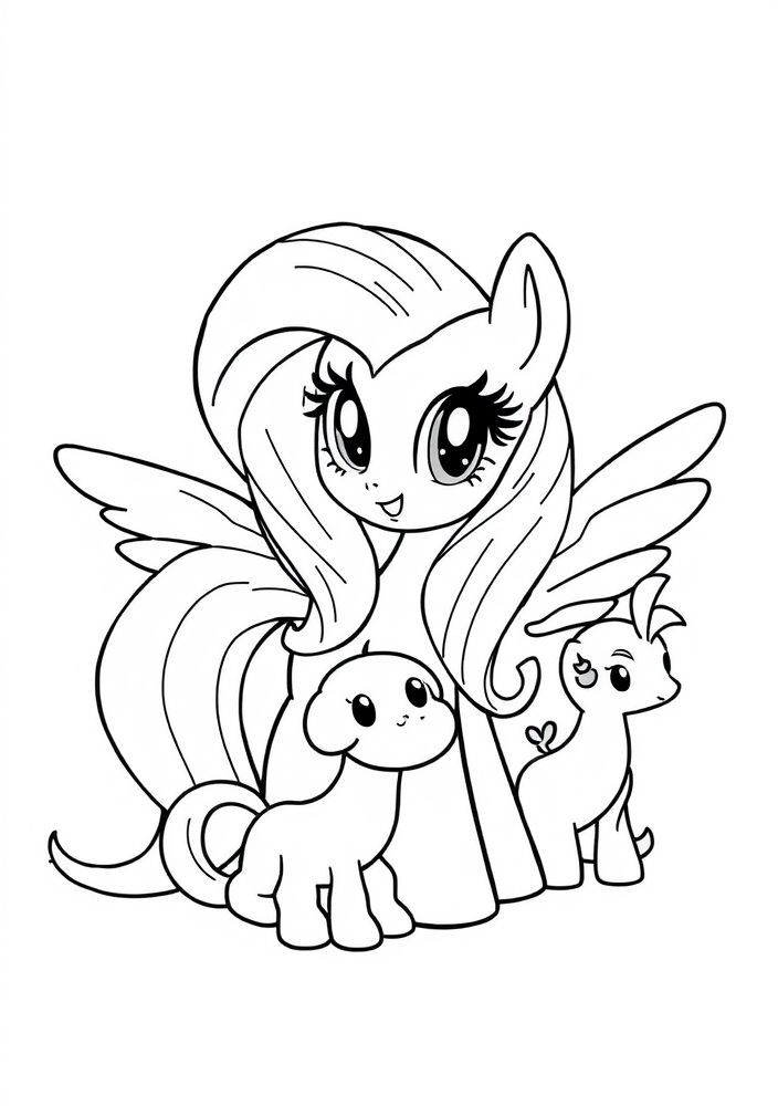 Desenho de Fluttershy cuidando de animais para colorir
