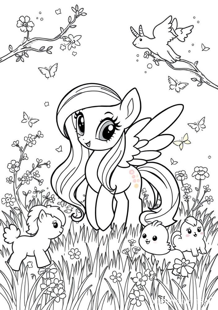 Desenho de Fluttershy cuidando dos animais para colorir