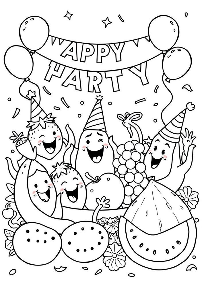 Desenho de Frutas animadas em festa para colorir
