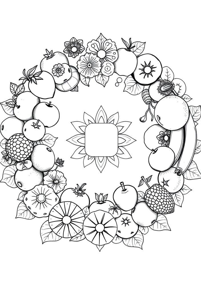 Desenho de Frutas e sementes em um círculo para colorir
