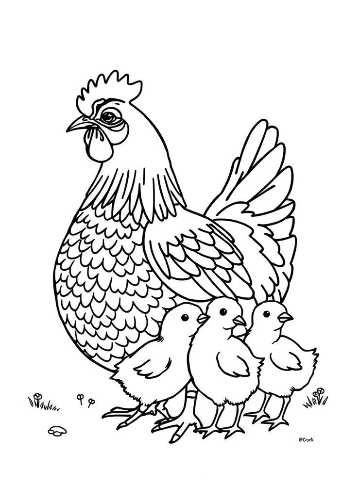 Desenho de Galinha e Seus Pintinhos para Colorir