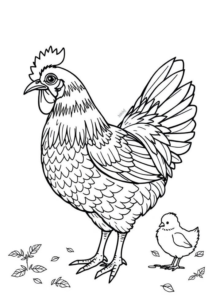 Desenho de Galinha e seus pintinhos para colorir