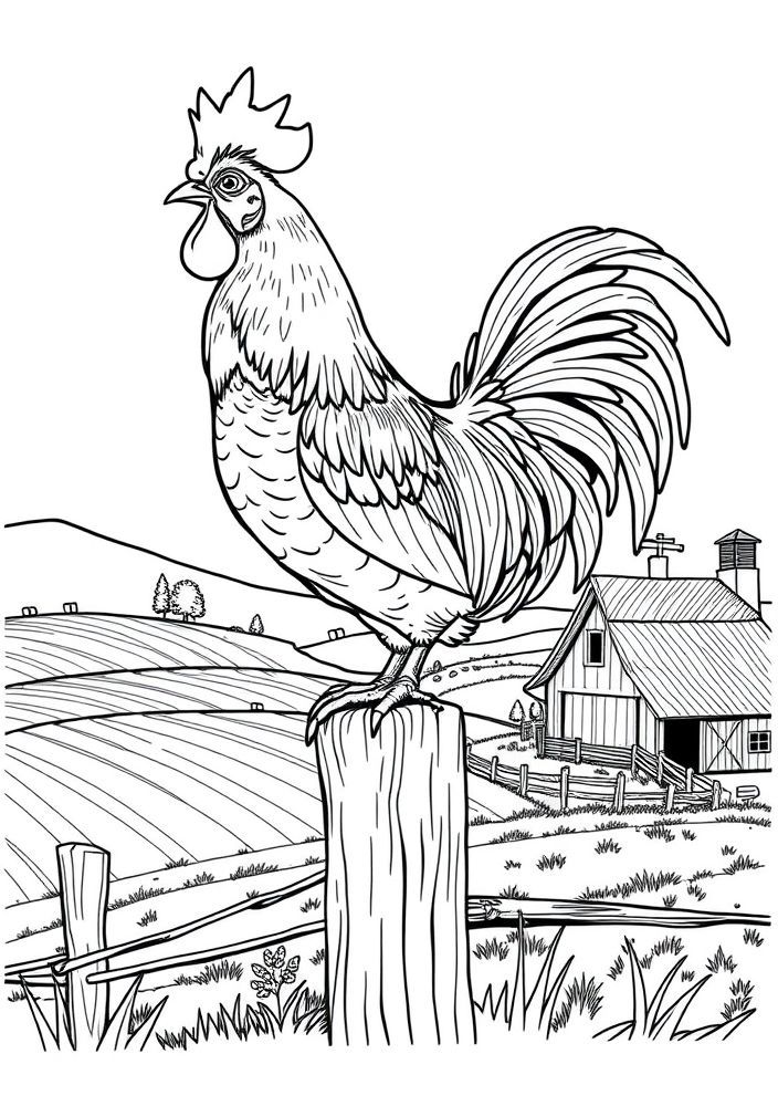 Desenho de Galo Cantando ao Amanhecer para Colorir